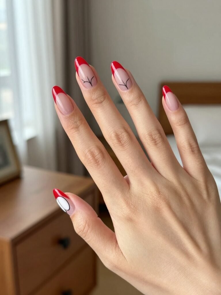 Classic Red French Tip Spiderman Nails With Web Lines