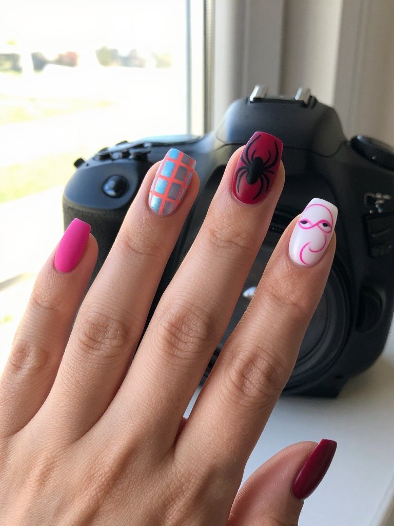Color Block Spiderman Nails In Matte Suit Tones
