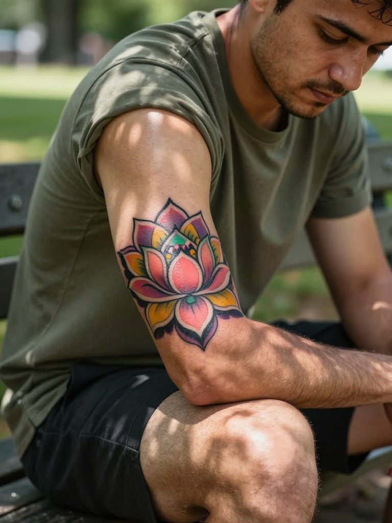 Colorful Neo Traditional Lotus Elbow Tattoo For Men