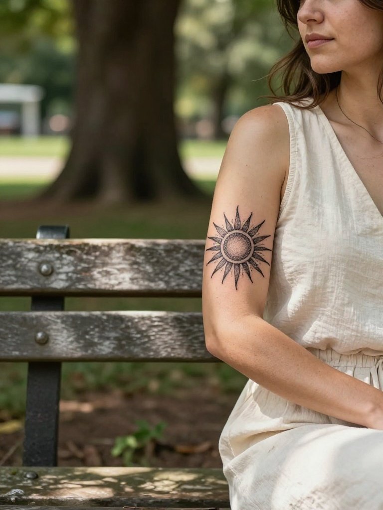 Dotwork Sun Mandala Elbow Tattoo