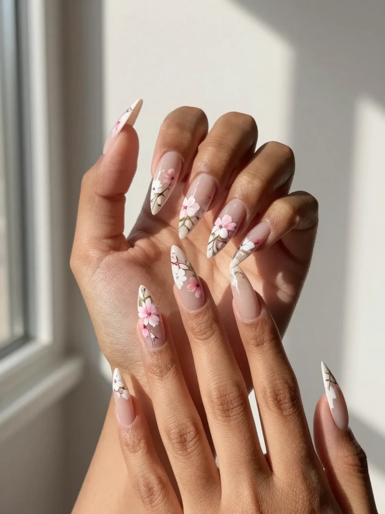 Extreme Stiletto Acrylic Nails With Airbrushed Florals