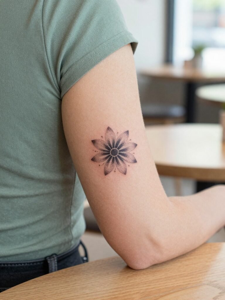 Fine Dotwork Flower Mandala Elbow Tattoo
