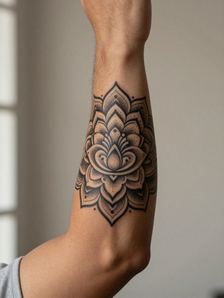 Fine Dotwork Mandala Elbow Tattoo Ornamental Detail Up Close