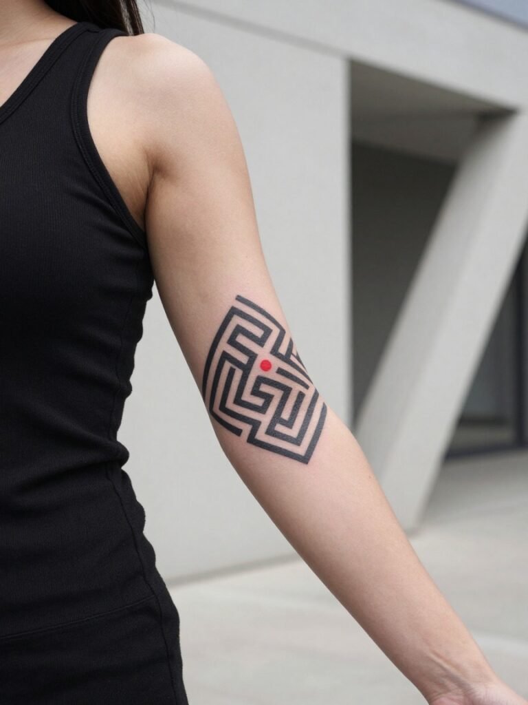 Geometric Maze Pattern Elbow Tattoo