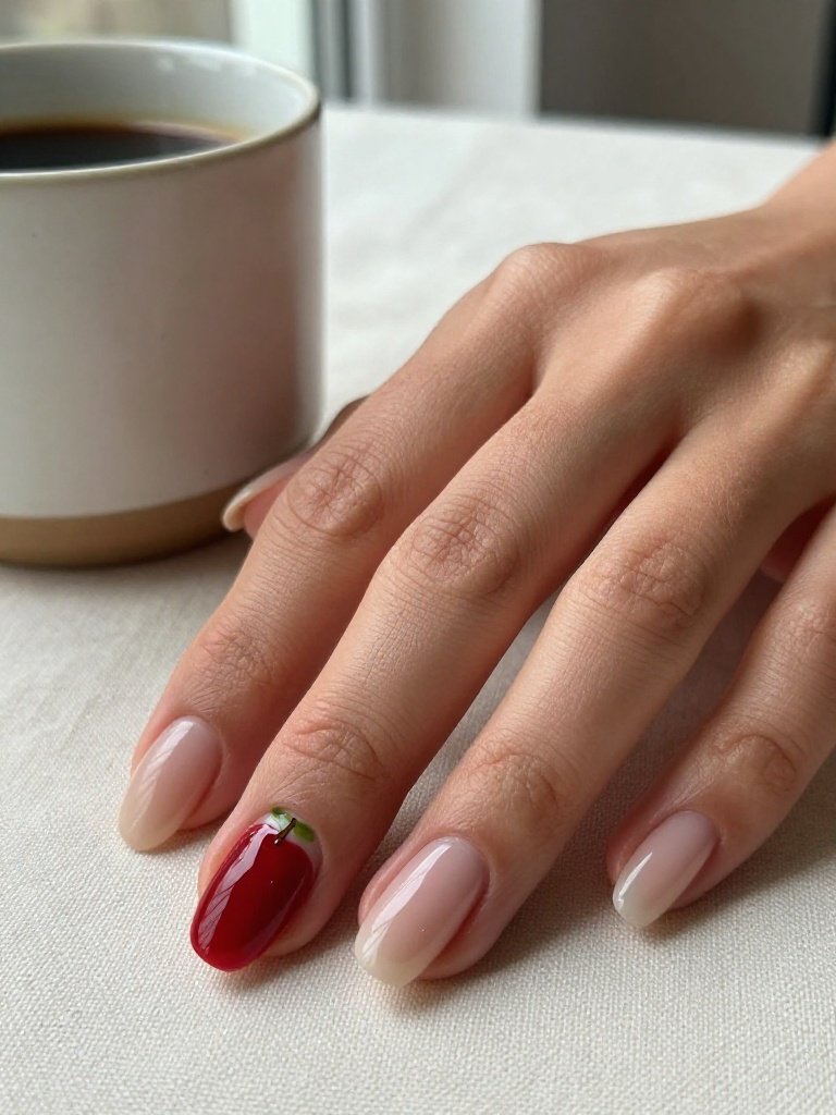 Glossy Candy-Apple Accent Teacher Nails