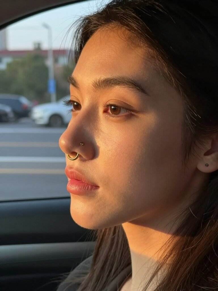 Gold Segment Clicker Septum Ring Paired With Nostril Studs