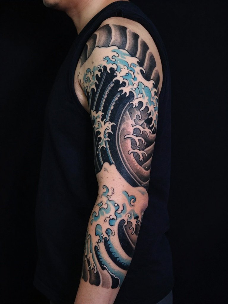 Japanese Wave Elbow Tattoo