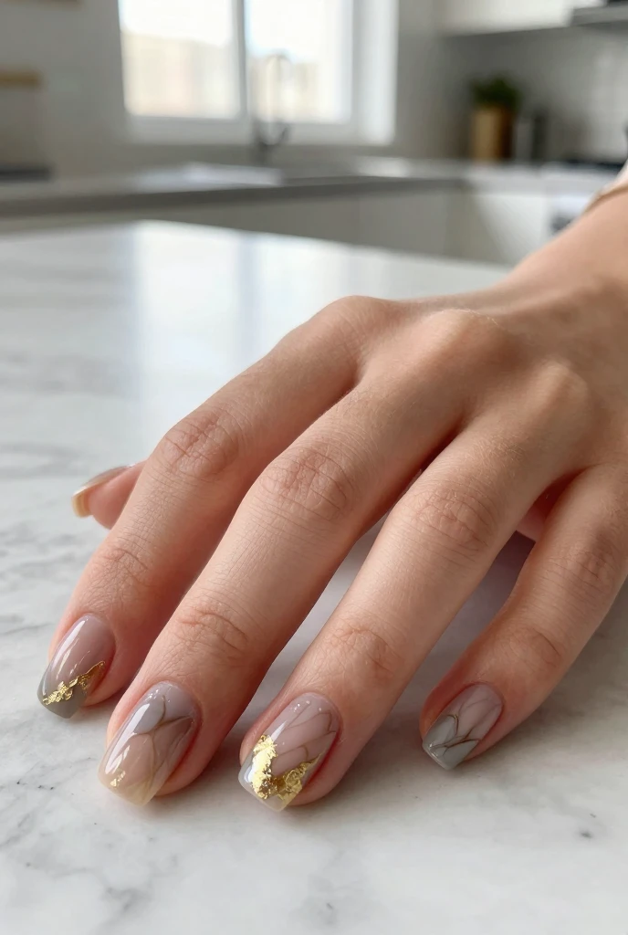 Marbled French Acrylic Nails With Gold Veining