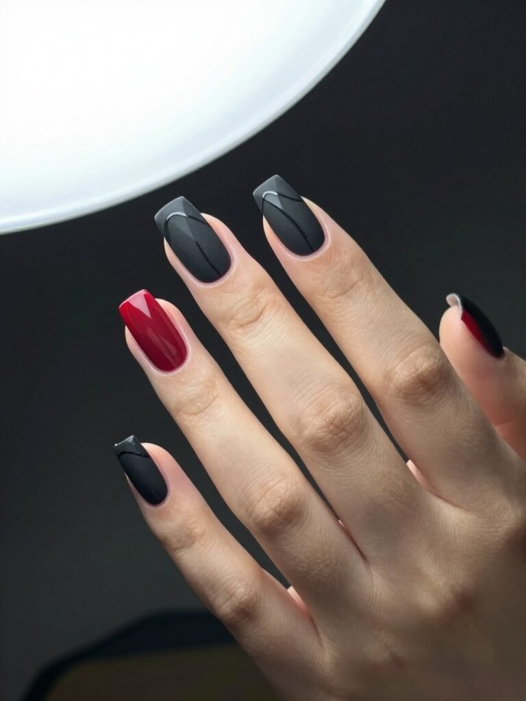 Matte-And-Glossy Contrast Spiderman Nails