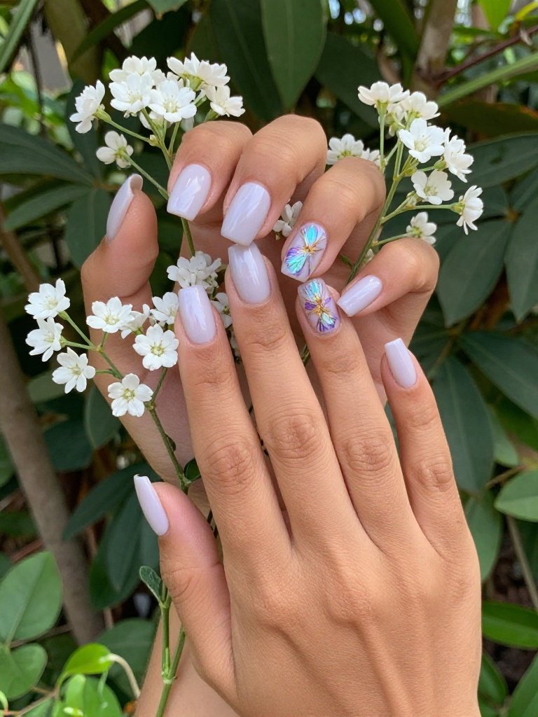 Milky Lilac Acrylic Nails With Pressed Flower Accents