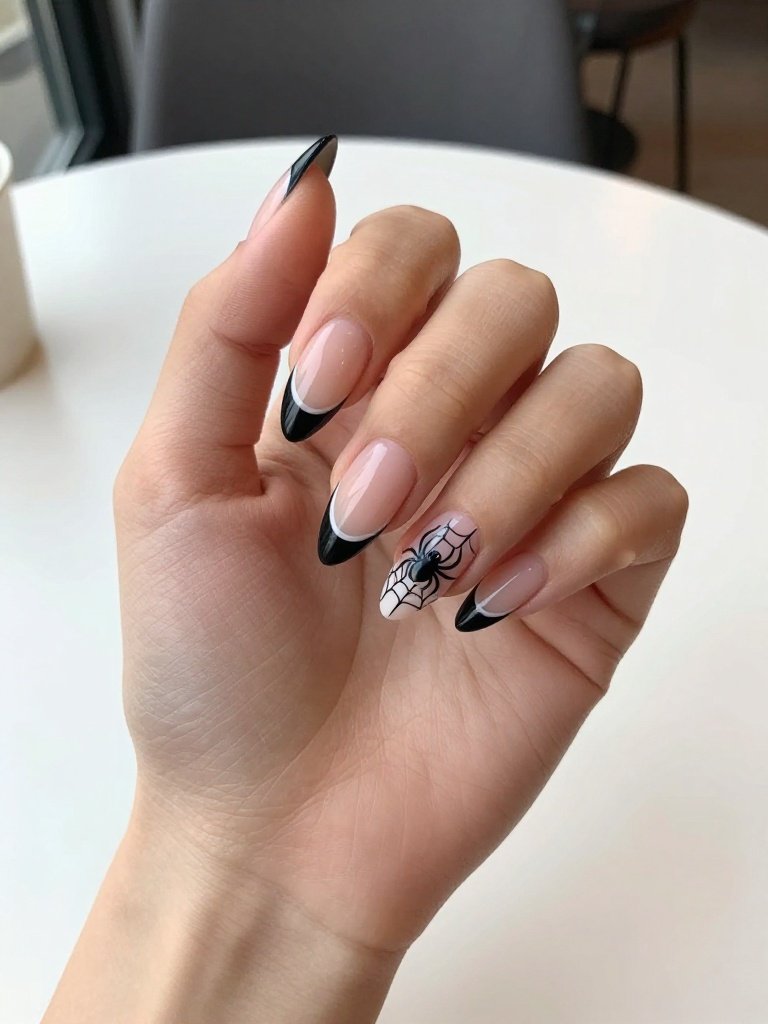 Minimalist Nude Spiderman Nails With Black Web Outlines