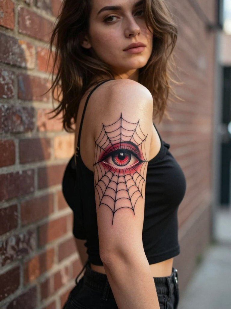 Neo-Traditional Eye and Spiderweb Elbow Tattoo