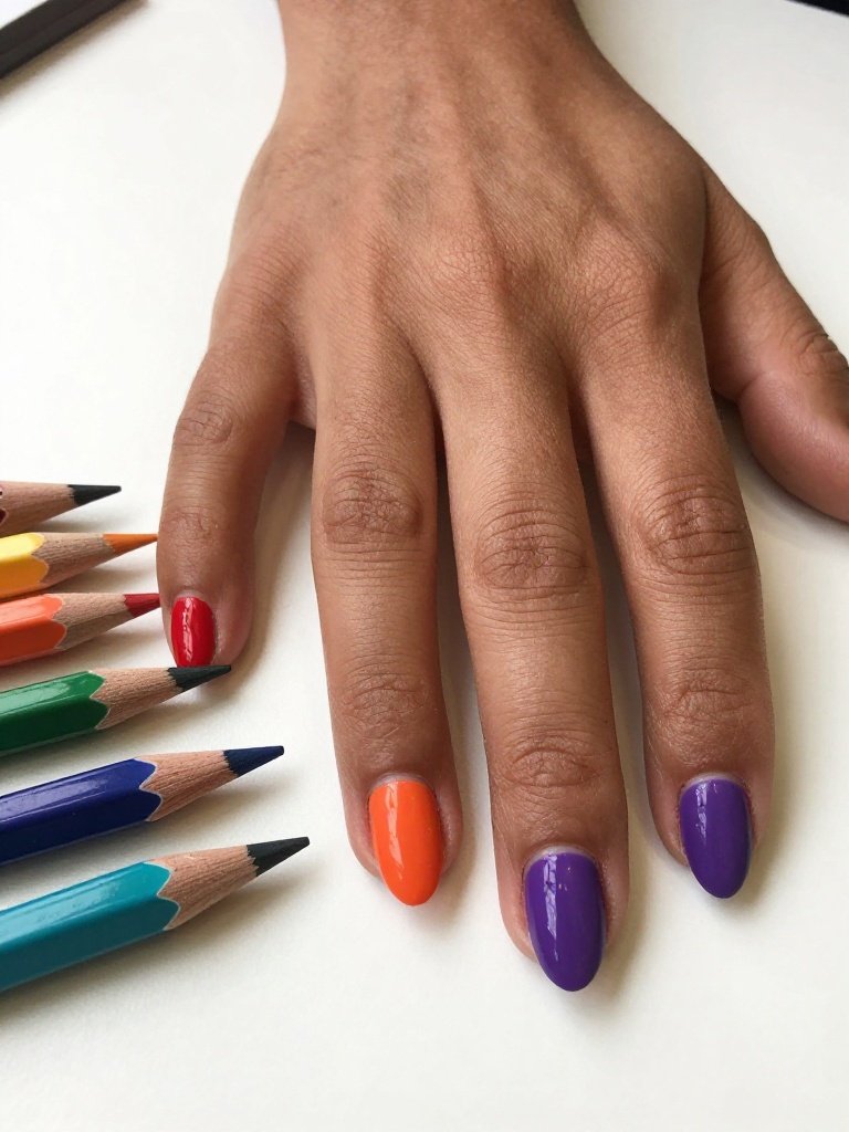 Rainbow Colored Pencil Teacher Nails Designs