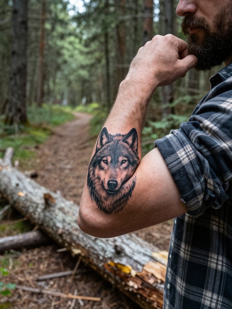 Realistic Wolf Portrait Elbow Tattoo Black And Grey Detail