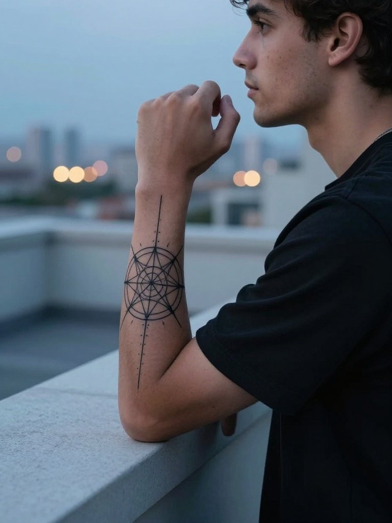 Sacred Geometry Elbow Tattoo Precise Architectural Linework