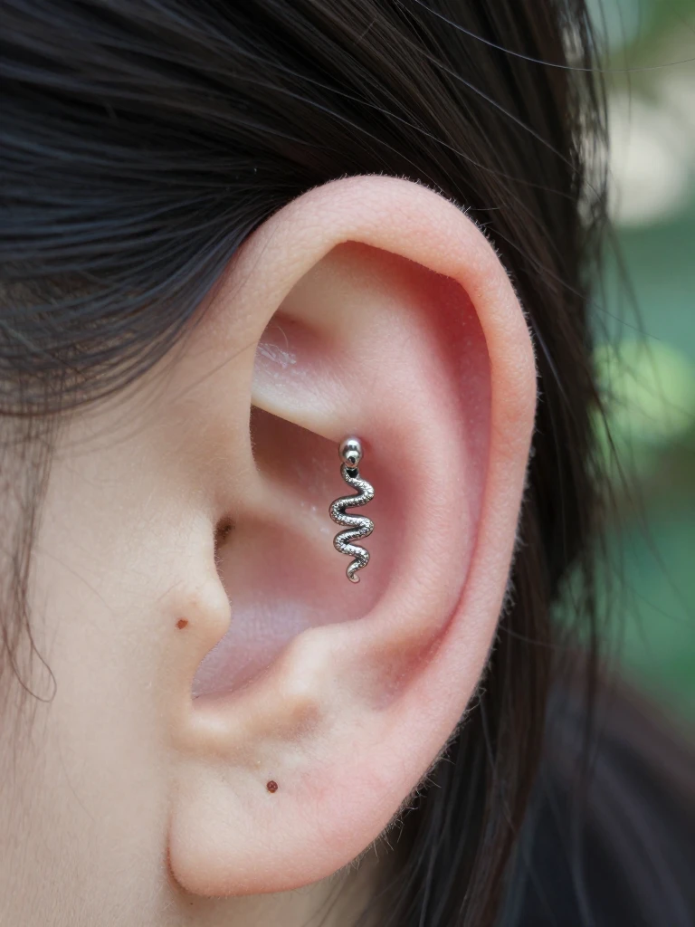 Snug Piercing With a Snake Charm Barbell End