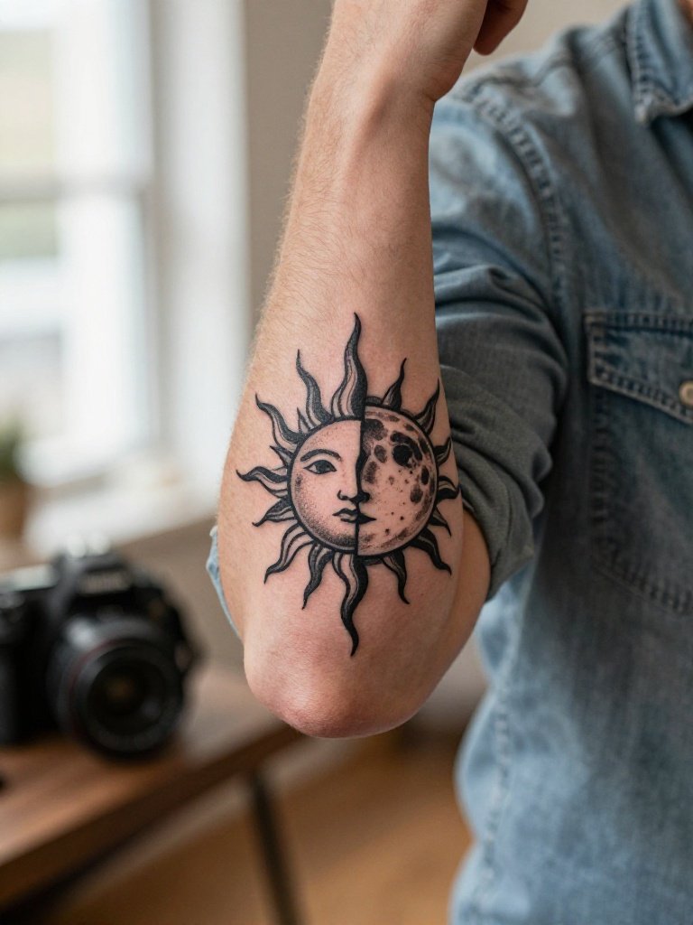 Sun And Moon Elbow Tattoo