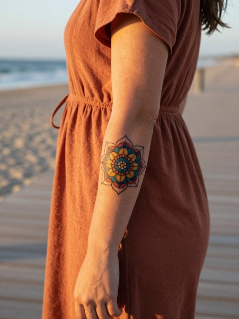 Vibrant Color Mandala Elbow Tattoo