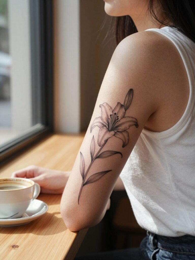 Wraparound Floral Lily Elbow Tattoo