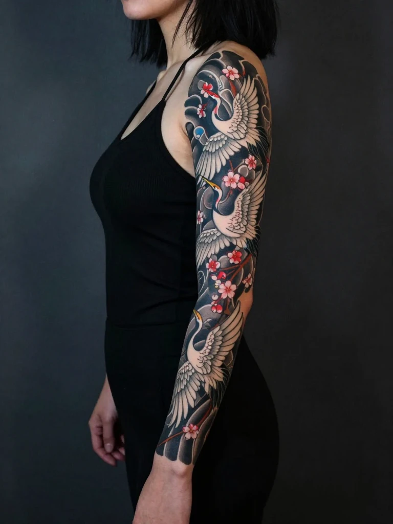 Japanese Crane Sleeve Tattoos Women