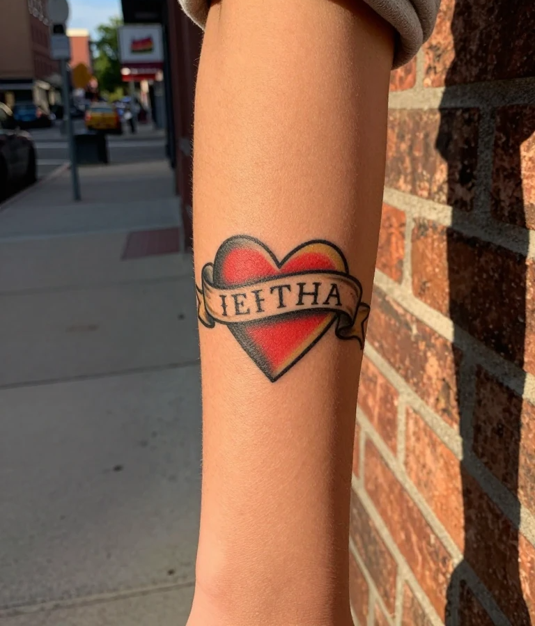 16 Traditional Heart Tattoo Ideas That Still Feel Iconic 4 The Name Banner Traditional Heart Tattoo
