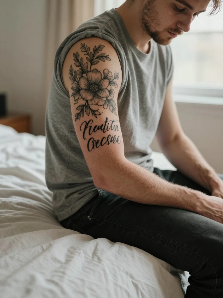 Script and Floral Fill Sleeve Tattoo for Men