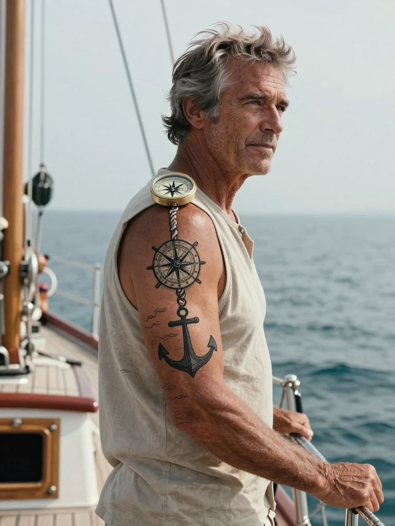Nautical Compass and Anchor Sleeve Tattoo for Men