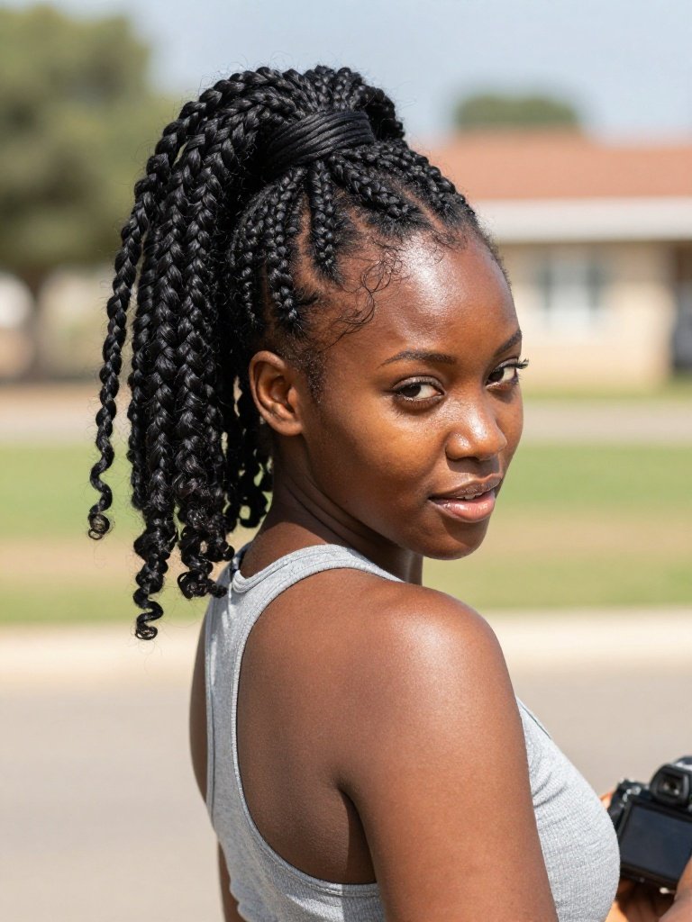 Fulani Braids Styled Into a High Ponytail
