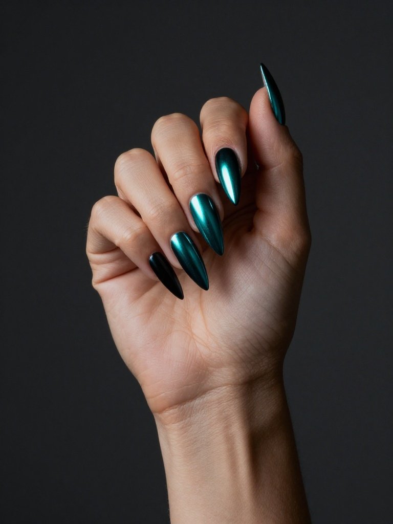 Teal Chrome Nails With a Stiletto Mirror Finish