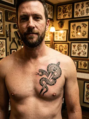 21 Chest Tattoos For Men: Trending And Iconic Ideas 20 Snake Wrapped Around Dagger Blackwork Piece