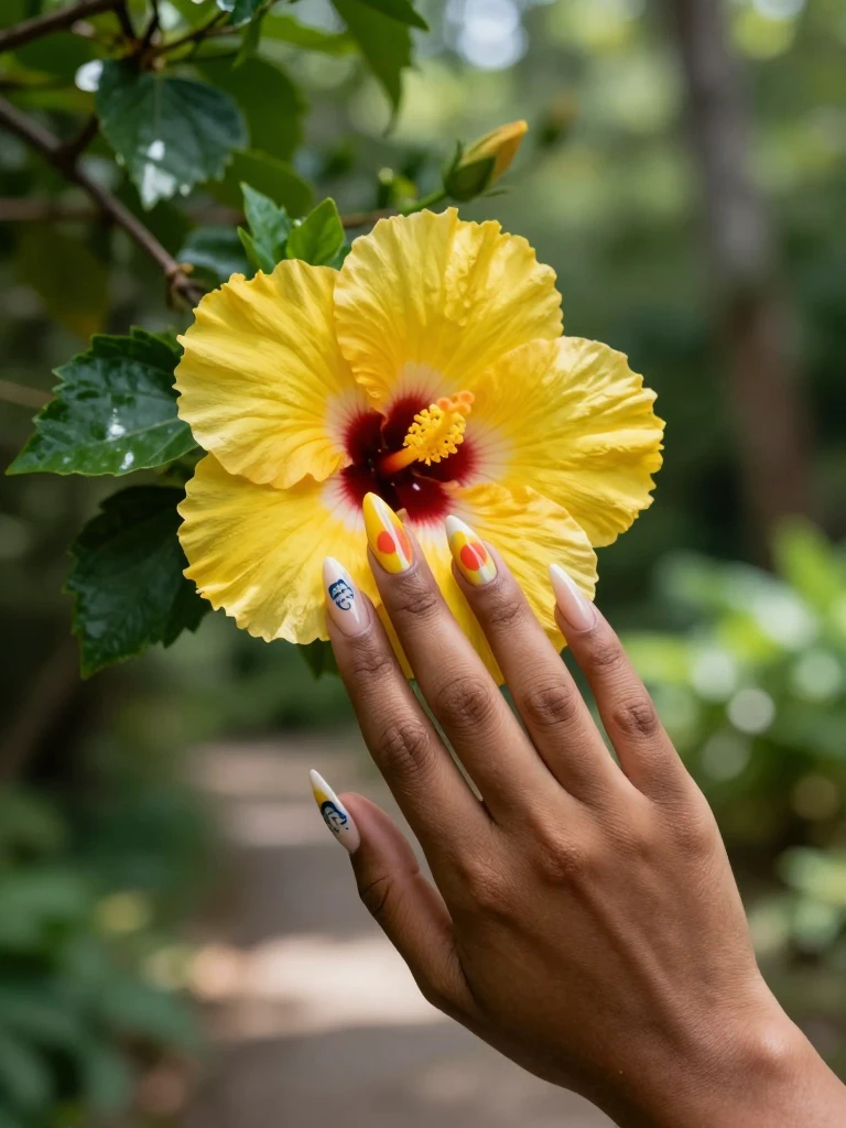 17 Stunning Stitch Nails Ideas You'll Actually Wear 5 Hibiscus Flower Stitch Nails Beside a Character Nail