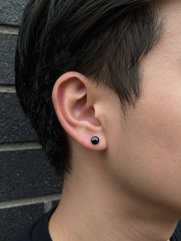 Men Ear Piercing With a Matte Black Micro Stud