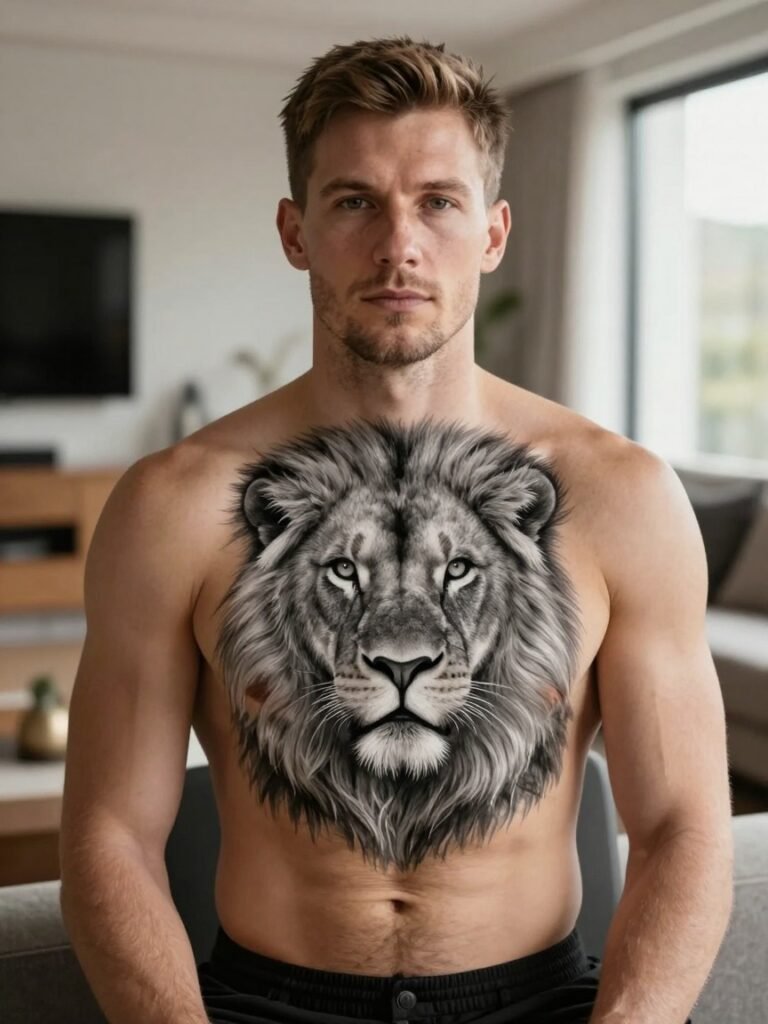 21 Chest Tattoos For Men: Trending And Iconic Ideas 8 Photo-Realistic Lion Portrait Chest Tattoo
