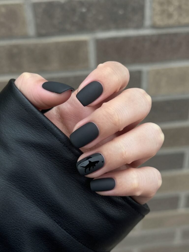 Matte Black Silhouette Shark Week Nails Short