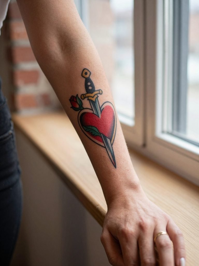 16 Traditional Heart Tattoo Ideas That Still Feel Iconic 1 The Dagger and Rose Traditional Heart Tattoo