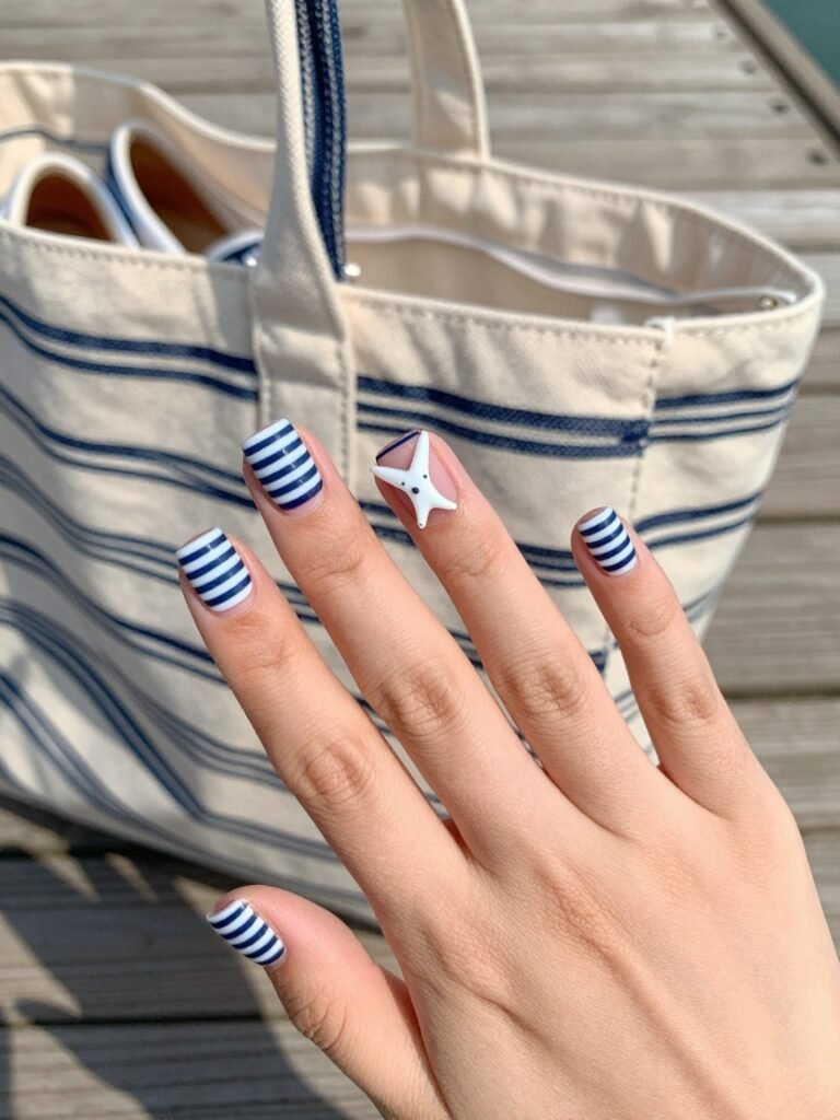 Nautical Stripe Shark Week Nails With Charm