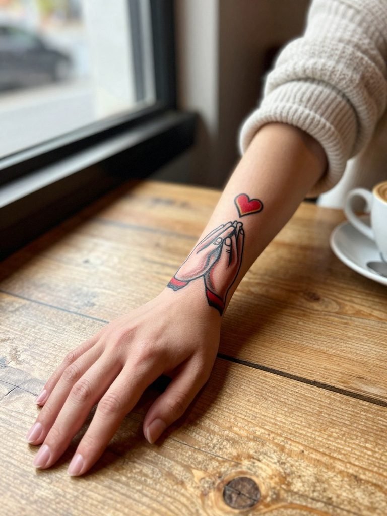 16 Traditional Heart Tattoo Ideas That Still Feel Iconic 9 The Clasped Hands Traditional Heart Tattoo