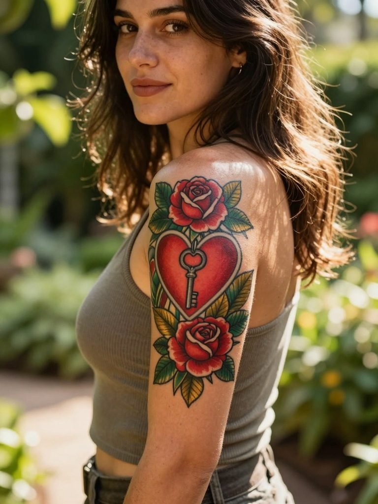 16 Traditional Heart Tattoo Ideas That Still Feel Iconic 14 The Rose Bouquet Traditional Heart Tattoo