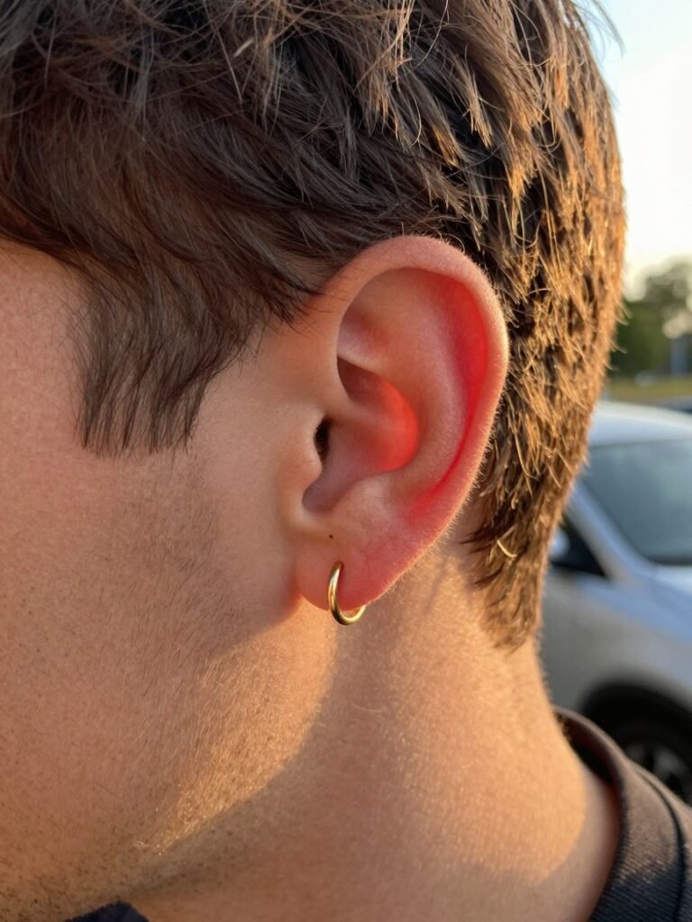 Men Ear Piercing With a Thin Gold Huggie Hoop