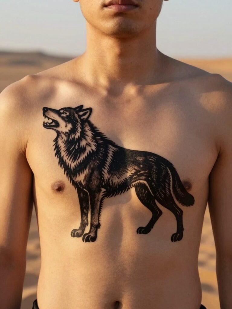 21 Chest Tattoos For Men: Trending And Iconic Ideas 10 Bold Blackwork Howling Wolf Silhouette