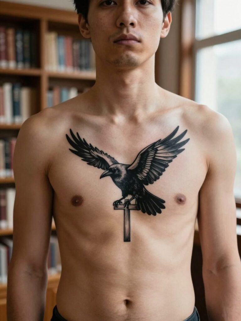 21 Chest Tattoos For Men: Trending And Iconic Ideas 2 Gothic Raven And Cross Linework Chest Piece