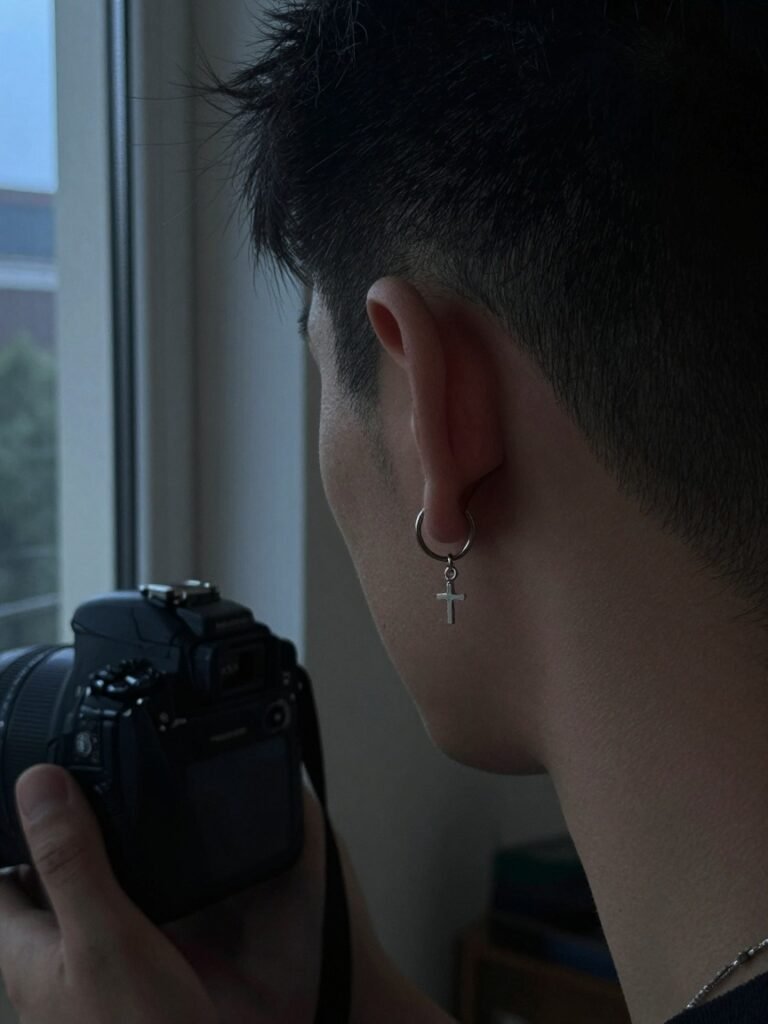 Men Ear Piercing With a Silver Cross Drop