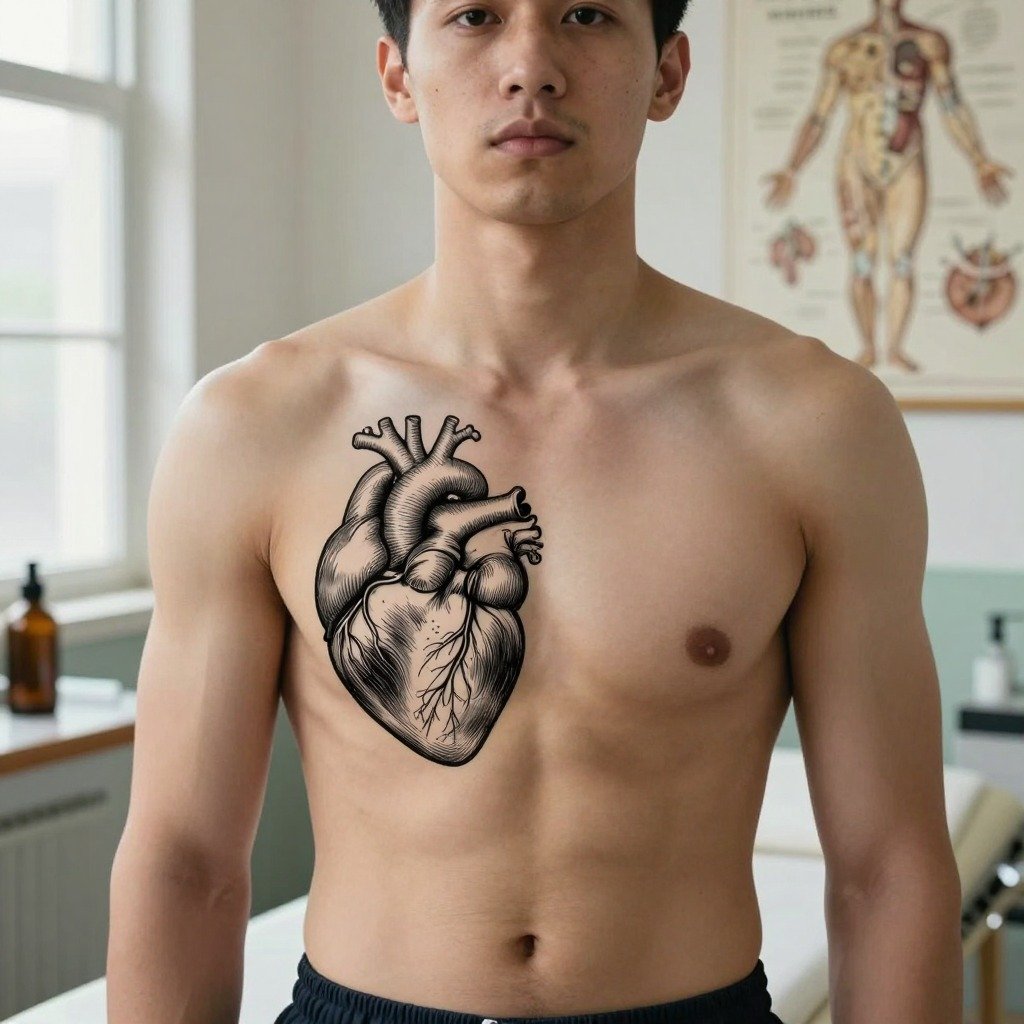 21 Chest Tattoos For Men: Trending And Iconic Ideas 18 Anatomical Heart With Fine Linework Detail