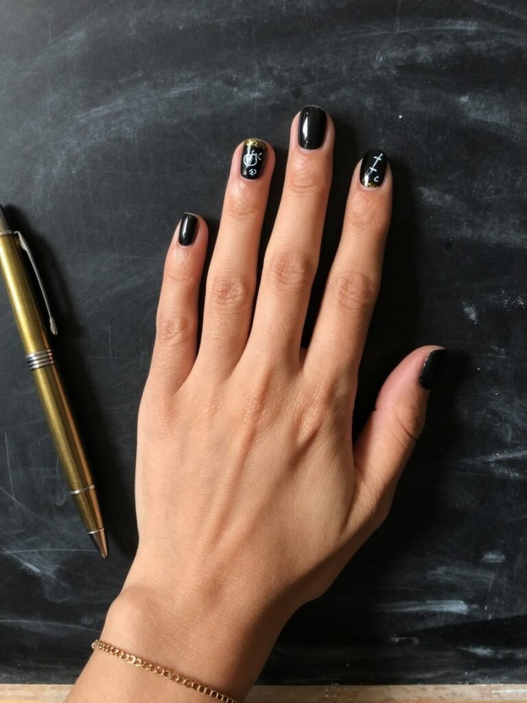 Chalkboard Doodle Back to School Nail Art With Hand-Lettered Accents