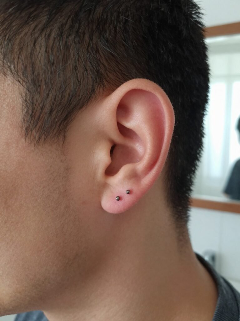 Men Ear Piercing With a Triple Lobe Stack