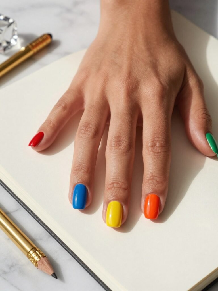 Color-Blocked Crayon Box Back to School Nail Idea