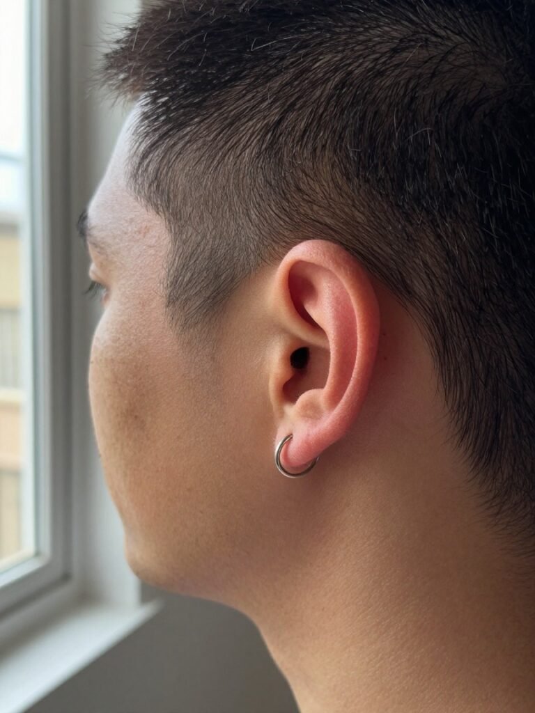 Men Ear Piercing Helix With a Single Fine Hoop