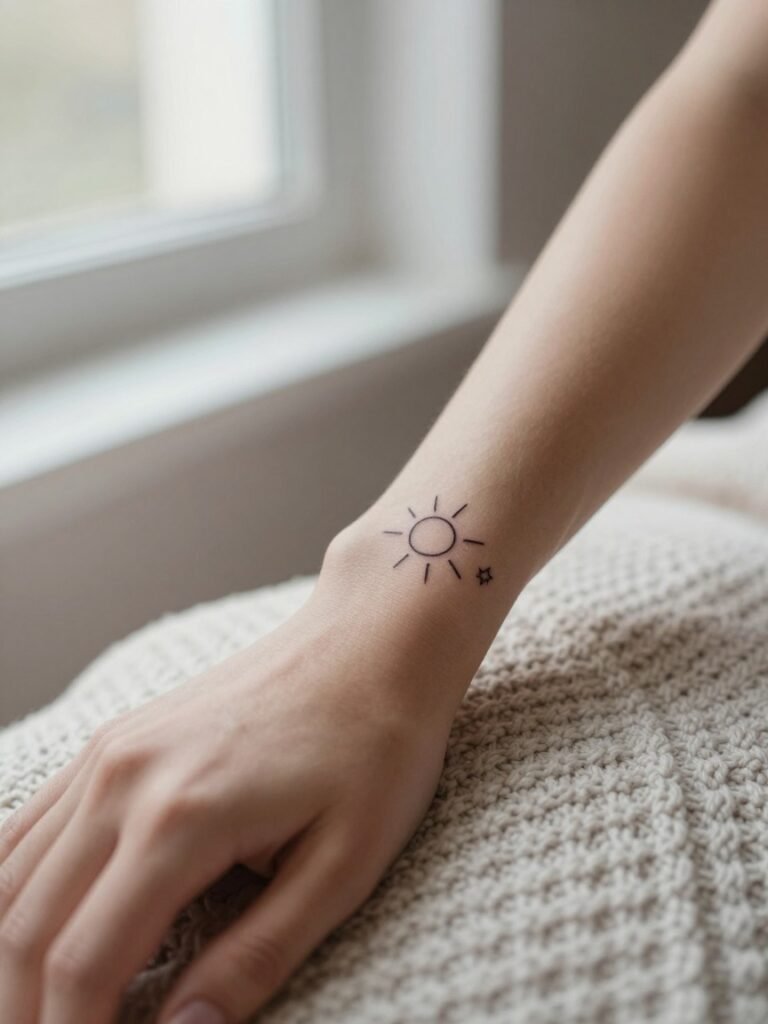 Sun and Star Duo: A Petite Forearm Tattoo Women