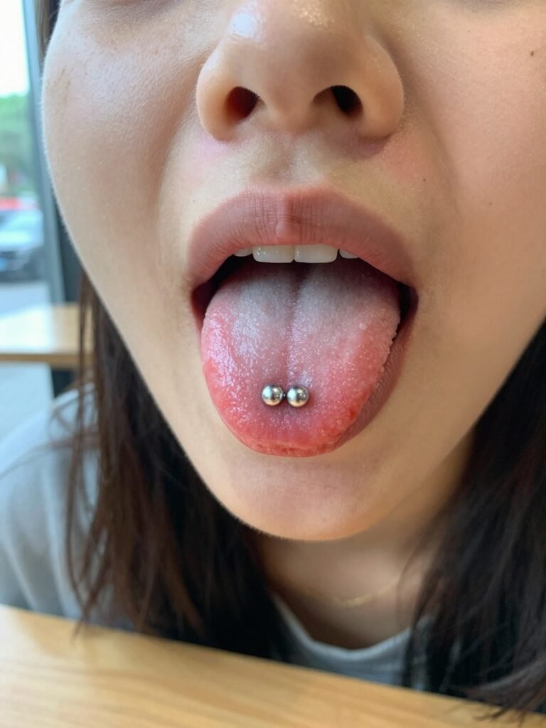 Classic Silver Snake Eyes Piercing at the Tongue Tip
