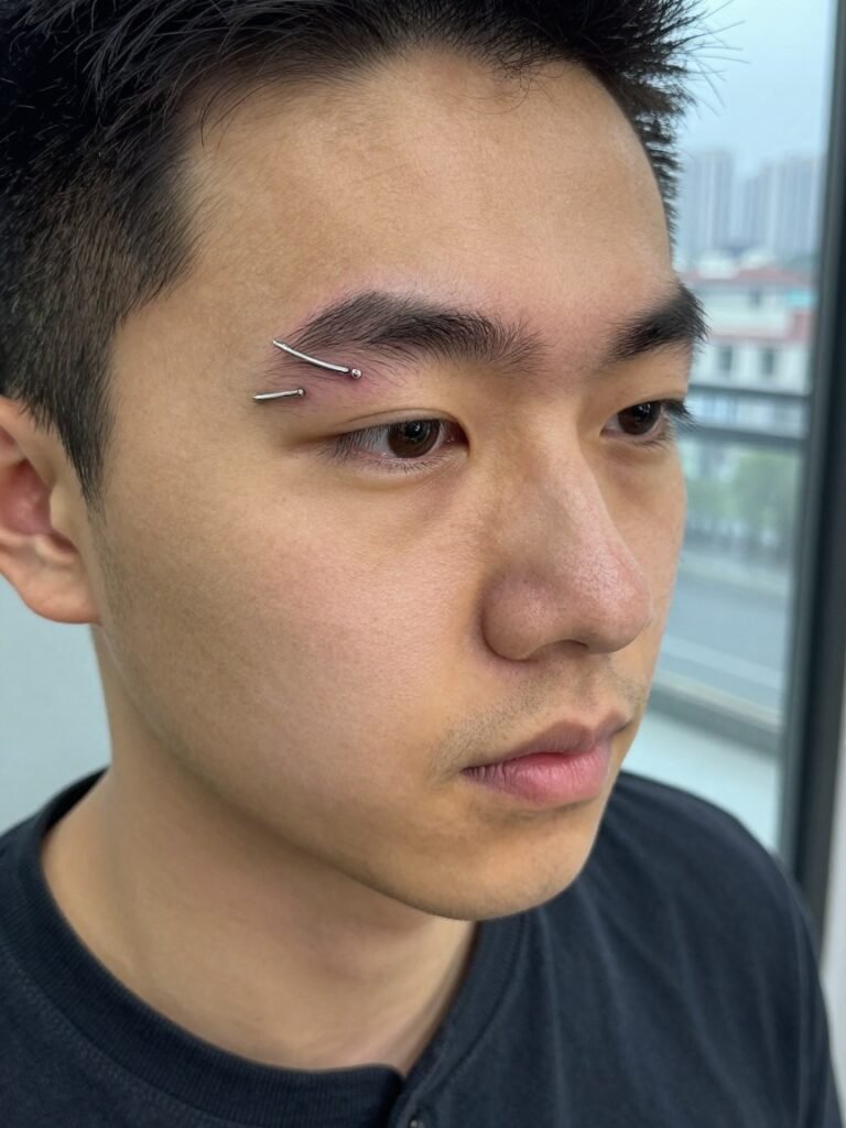 Double Vertical Eyebrow Piercing Men With Silver Beads